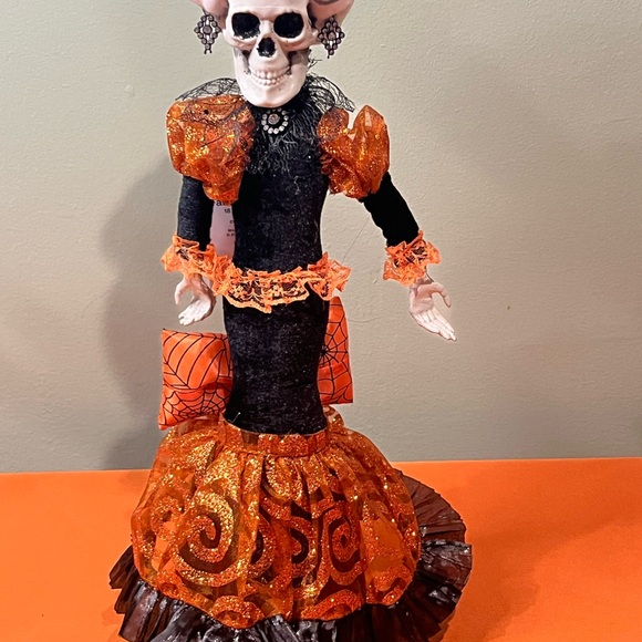 Spooky Village Other - Festive Skeleton Figurine in Black and Orange